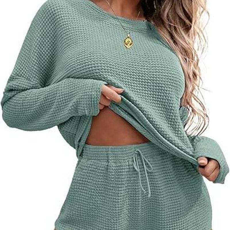 Viandras Womens Waffle Knit Pajama Sets Long Sleeve Top and Shorts Matching Lounge Set Loungewear Sweatsuit with Pockets Nightwear Comfort Fabric Womenswear Birthday Casual Cloud Comfy Elastic Fit
