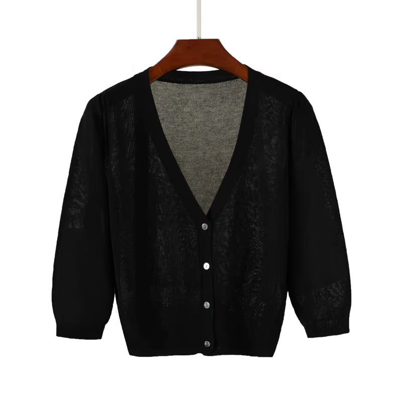 White Cardigan Black Summer Women Long Sleeve Top Korean Fashion Style Sweater Outerwear Clothing Cropped Basic Crochet Jersey