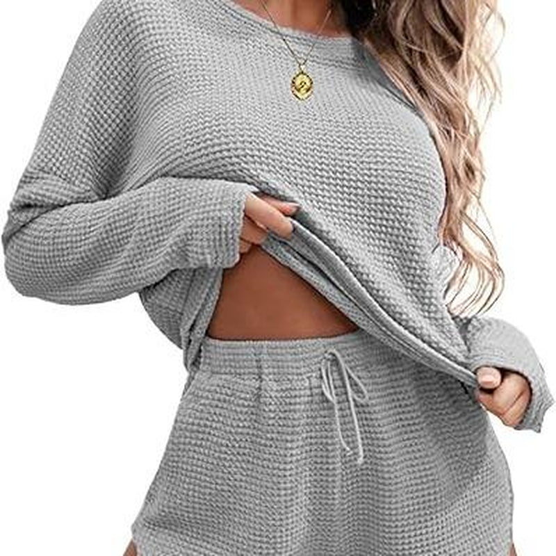Viandras Womens Waffle Knit Pajama Sets Long Sleeve Top and Shorts Matching Lounge Set Loungewear Sweatsuit with Pockets Nightwear Comfort Fabric Womenswear Birthday Casual Cloud Comfy Elastic Fit