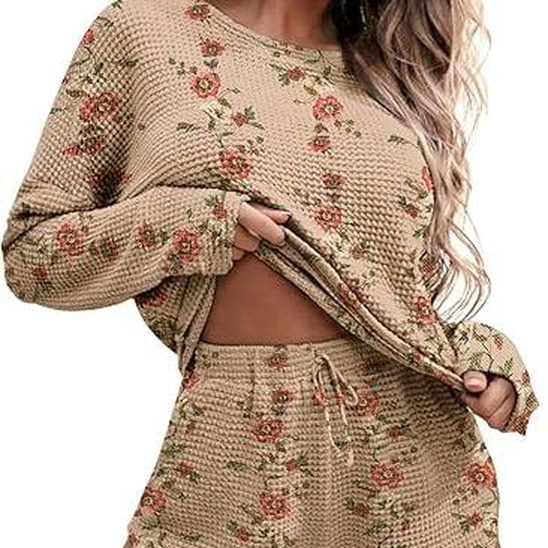 Viandras Womens Waffle Knit Pajama Sets Long Sleeve Top and Shorts Matching Lounge Set Loungewear Sweatsuit with Pockets Nightwear Comfort Fabric Womenswear Birthday Casual Cloud Comfy Elastic Fit