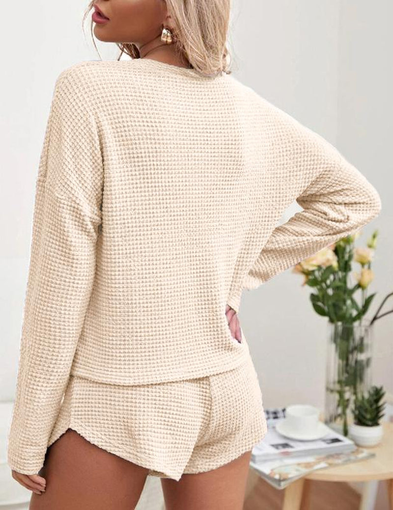 Viandras Womens Waffle Knit Pajama Sets Long Sleeve Top and Shorts Matching Lounge Set Loungewear Sweatsuit with Pockets Nightwear Comfort Fabric Womenswear Birthday Casual Cloud Comfy Elastic Fit