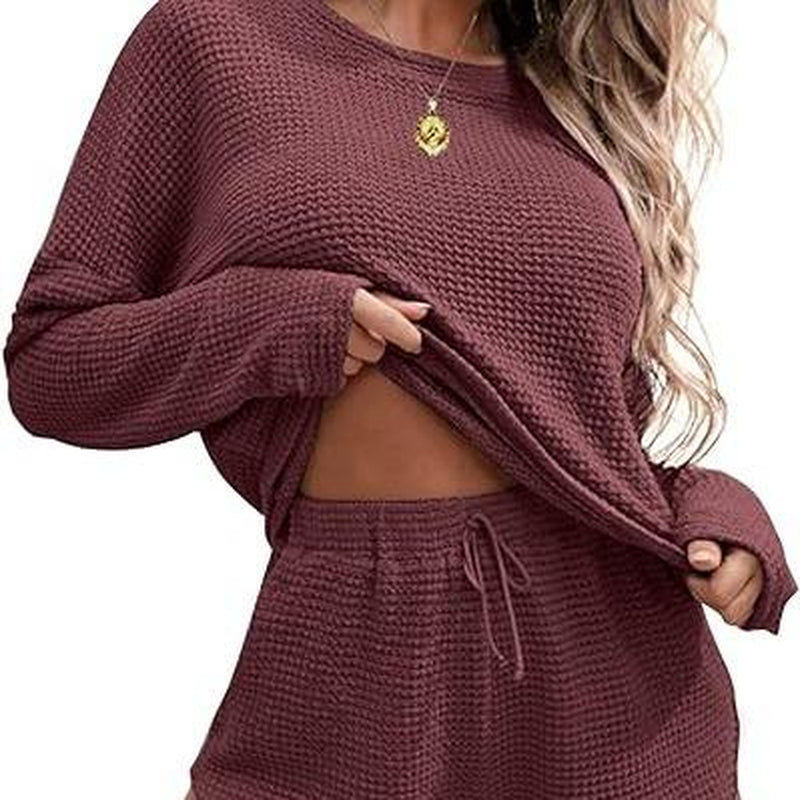 Viandras Womens Waffle Knit Pajama Sets Long Sleeve Top and Shorts Matching Lounge Set Loungewear Sweatsuit with Pockets Nightwear Comfort Fabric Womenswear Birthday Casual Cloud Comfy Elastic Fit