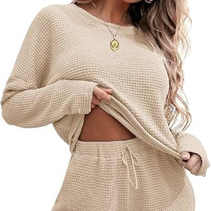 Viandras Womens Waffle Knit Pajama Sets Long Sleeve Top and Shorts Matching Lounge Set Loungewear Sweatsuit with Pockets Nightwear Comfort Fabric Womenswear Birthday Casual Cloud Comfy Elastic Fit