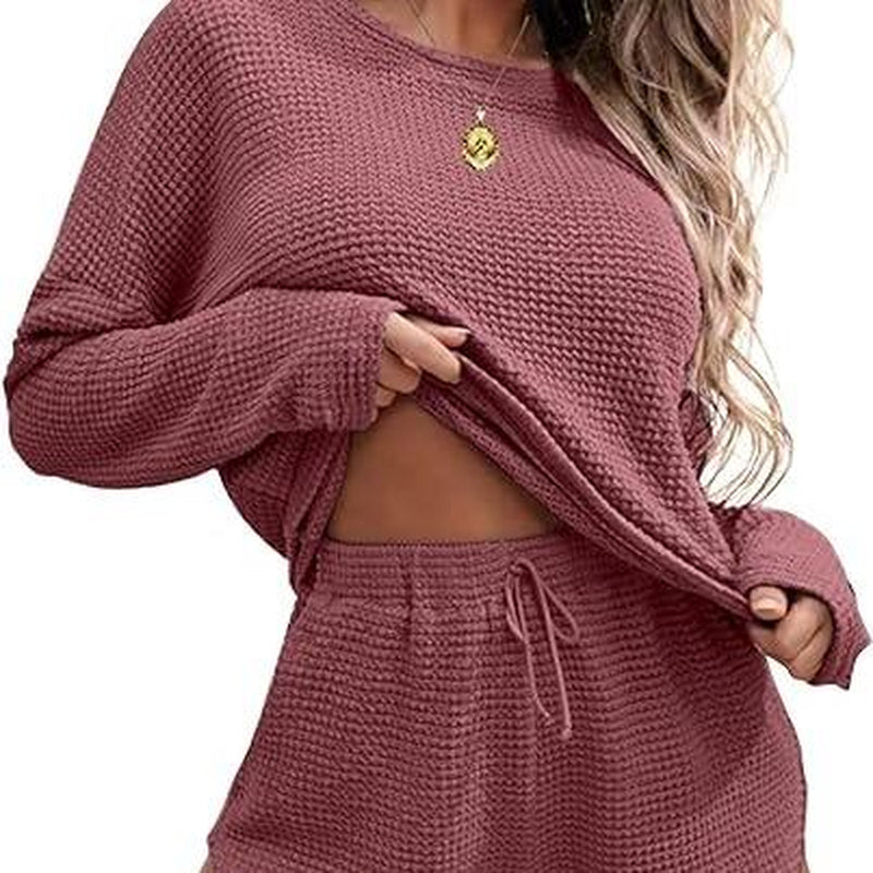 Viandras Womens Waffle Knit Pajama Sets Long Sleeve Top and Shorts Matching Lounge Set Loungewear Sweatsuit with Pockets Nightwear Comfort Fabric Womenswear Birthday Casual Cloud Comfy Elastic Fit