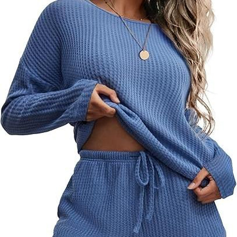 Viandras Womens Waffle Knit Pajama Sets Long Sleeve Top and Shorts Matching Lounge Set Loungewear Sweatsuit with Pockets Nightwear Comfort Fabric Womenswear Birthday Casual Cloud Comfy Elastic Fit