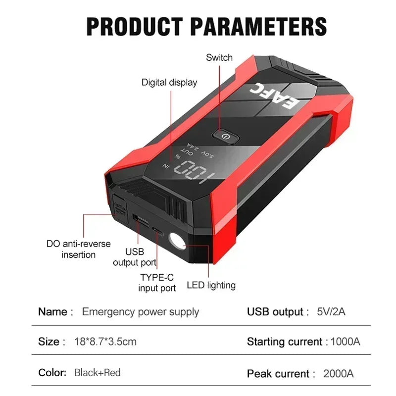 Power Bank 2000A/600A 12V Car Battery Jump Starter Portable Charger Petrol Diesel Auto Starting Device Booster Emergency Starter