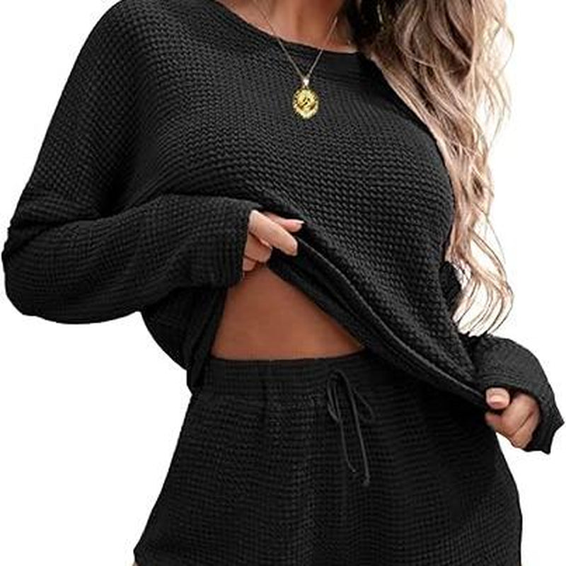 Viandras Womens Waffle Knit Pajama Sets Long Sleeve Top and Shorts Matching Lounge Set Loungewear Sweatsuit with Pockets Nightwear Comfort Fabric Womenswear Birthday Casual Cloud Comfy Elastic Fit