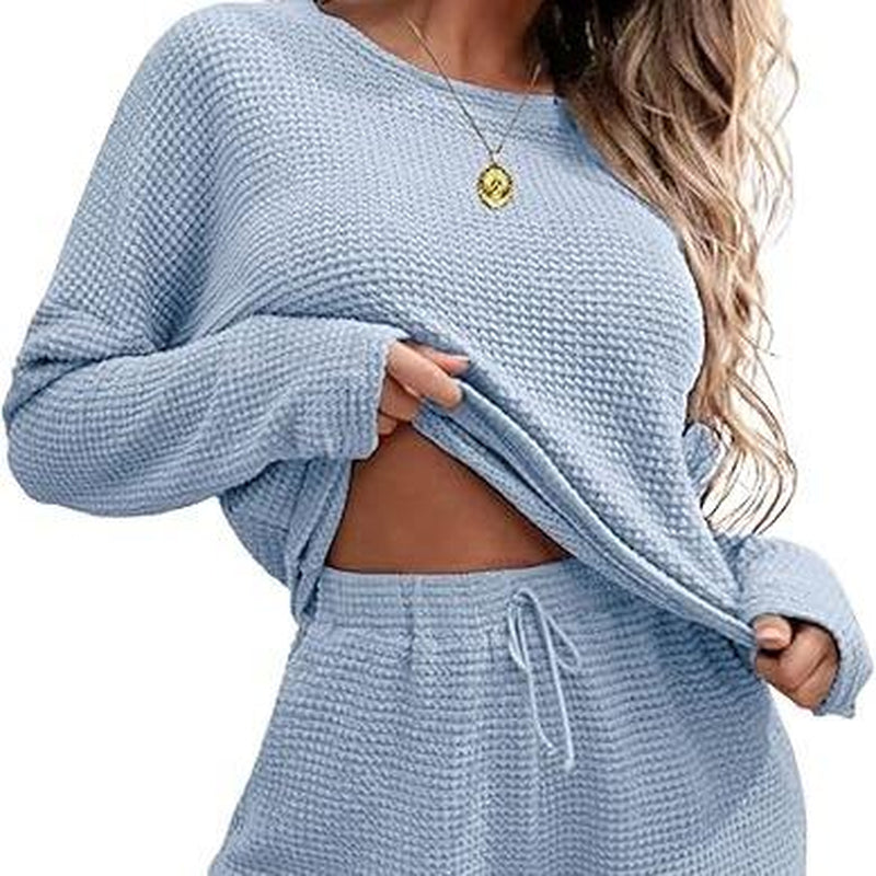 Viandras Womens Waffle Knit Pajama Sets Long Sleeve Top and Shorts Matching Lounge Set Loungewear Sweatsuit with Pockets Nightwear Comfort Fabric Womenswear Birthday Casual Cloud Comfy Elastic Fit