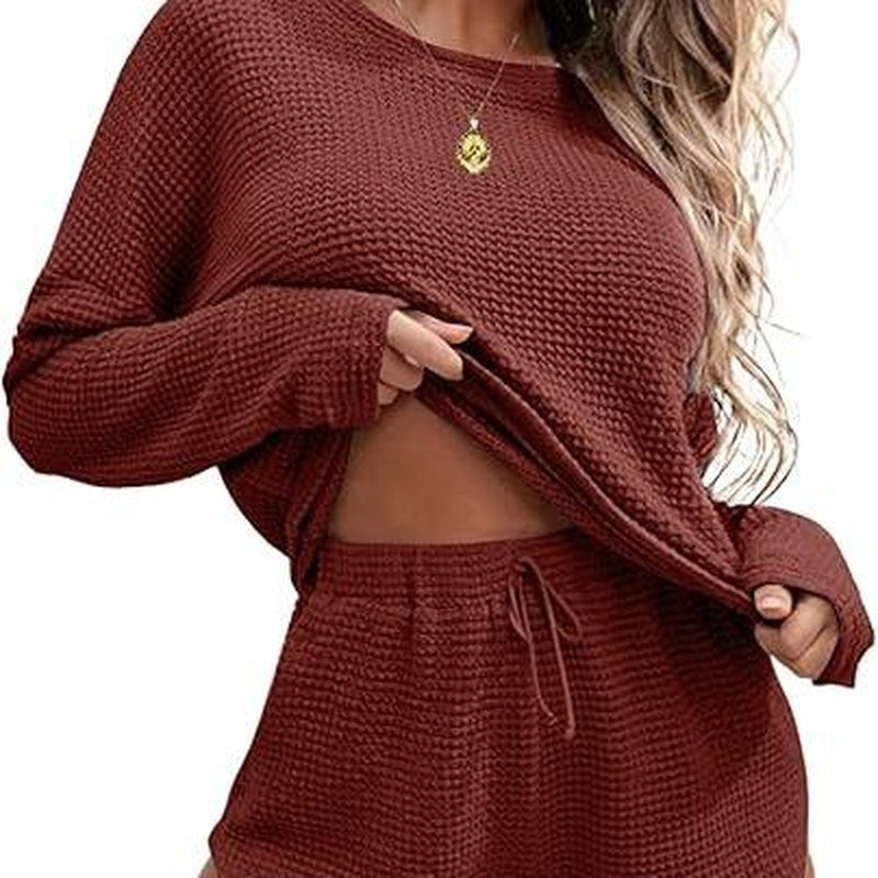 Viandras Womens Waffle Knit Pajama Sets Long Sleeve Top and Shorts Matching Lounge Set Loungewear Sweatsuit with Pockets Nightwear Comfort Fabric Womenswear Birthday Casual Cloud Comfy Elastic Fit