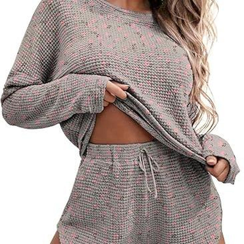 Viandras Womens Waffle Knit Pajama Sets Long Sleeve Top and Shorts Matching Lounge Set Loungewear Sweatsuit with Pockets Nightwear Comfort Fabric Womenswear Birthday Casual Cloud Comfy Elastic Fit