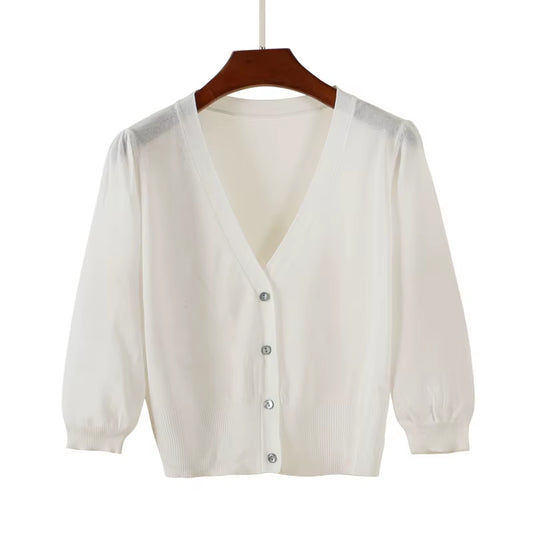 White Cardigan Black Summer Women Long Sleeve Top Korean Fashion Style Sweater Outerwear Clothing Cropped Basic Crochet Jersey
