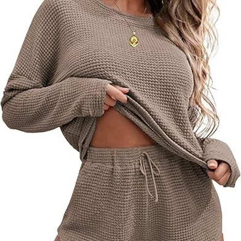 Viandras Womens Waffle Knit Pajama Sets Long Sleeve Top and Shorts Matching Lounge Set Loungewear Sweatsuit with Pockets Nightwear Comfort Fabric Womenswear Birthday Casual Cloud Comfy Elastic Fit