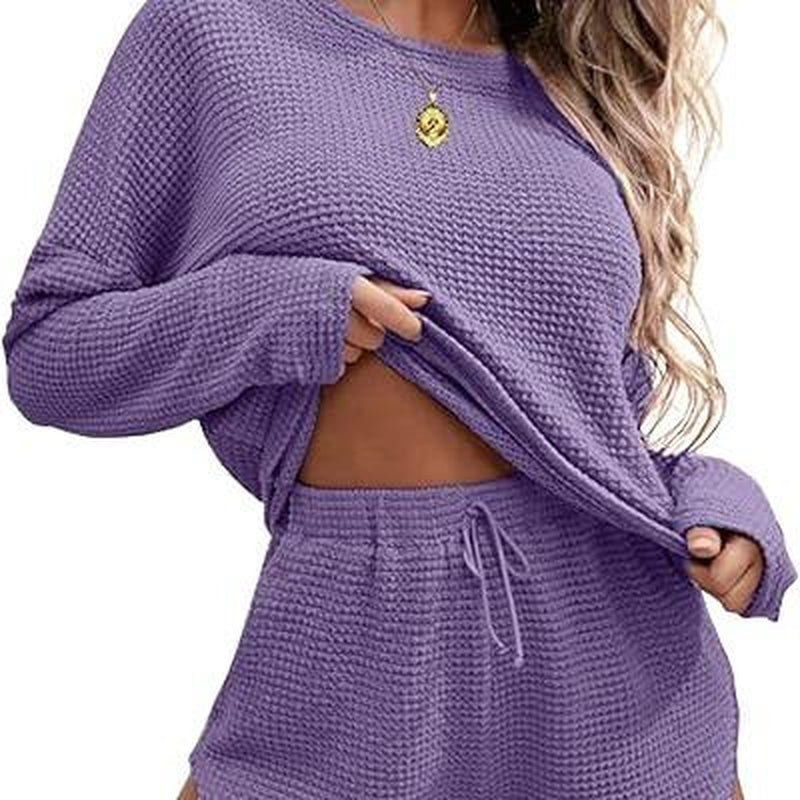 Viandras Womens Waffle Knit Pajama Sets Long Sleeve Top and Shorts Matching Lounge Set Loungewear Sweatsuit with Pockets Nightwear Comfort Fabric Womenswear Birthday Casual Cloud Comfy Elastic Fit