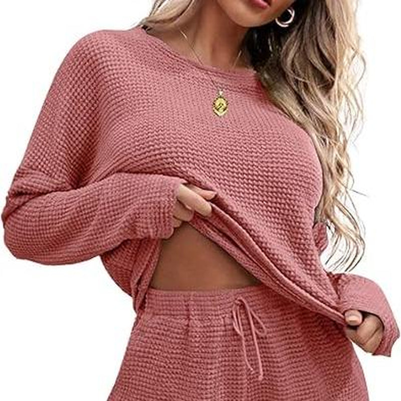 Viandras Womens Waffle Knit Pajama Sets Long Sleeve Top and Shorts Matching Lounge Set Loungewear Sweatsuit with Pockets Nightwear Comfort Fabric Womenswear Birthday Casual Cloud Comfy Elastic Fit