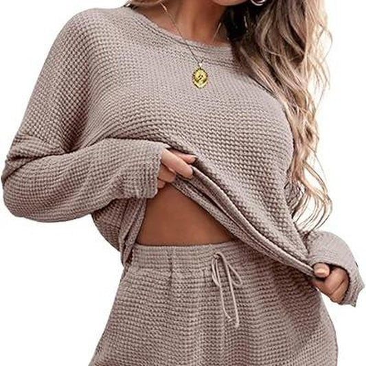 Viandras Womens Waffle Knit Pajama Sets Long Sleeve Top and Shorts Matching Lounge Set Loungewear Sweatsuit with Pockets Nightwear Comfort Fabric Womenswear Birthday Casual Cloud Comfy Elastic Fit