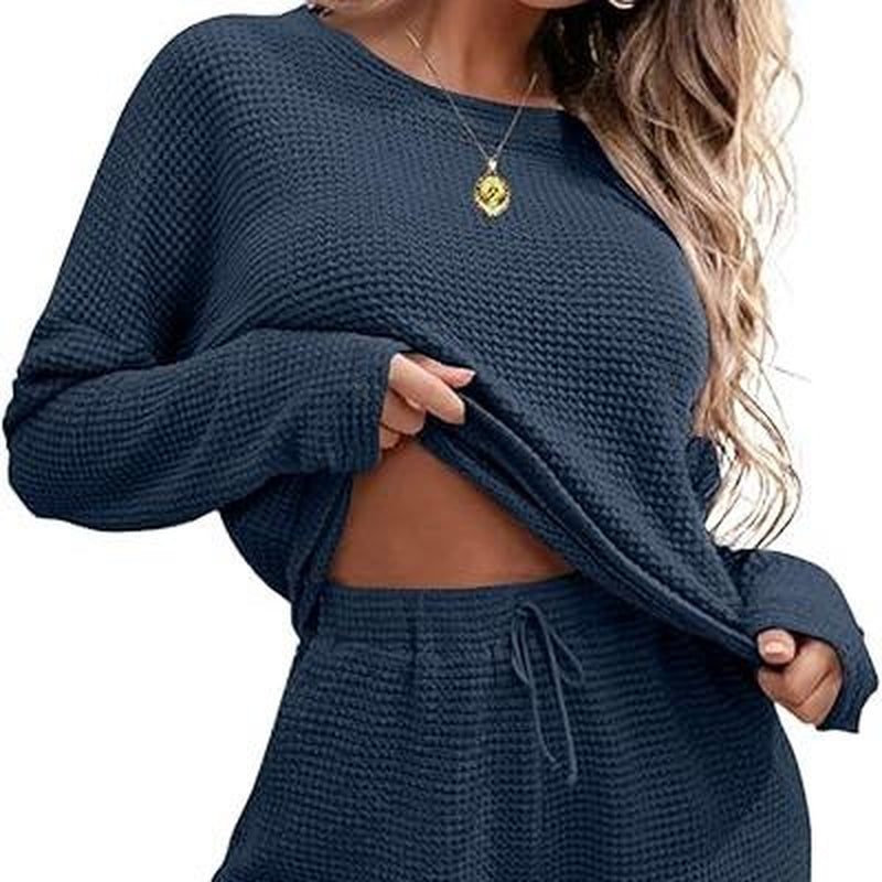 Viandras Womens Waffle Knit Pajama Sets Long Sleeve Top and Shorts Matching Lounge Set Loungewear Sweatsuit with Pockets Nightwear Comfort Fabric Womenswear Birthday Casual Cloud Comfy Elastic Fit